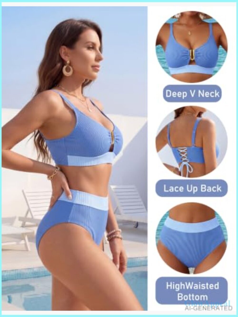 High Waisted Ribbed Bikini Set V Neck Cutout Lace Up Back Tankini Two Piece - Picture 4 of 7
